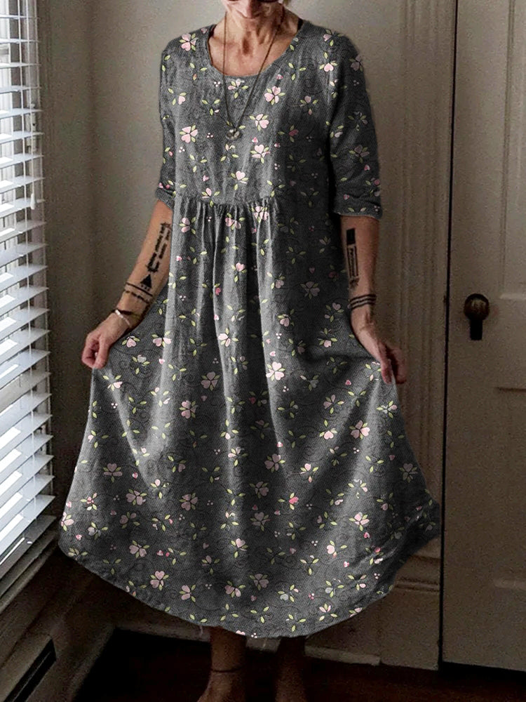 Women's Vintage Floral Art Pattern Print Pocket Cotton Dress