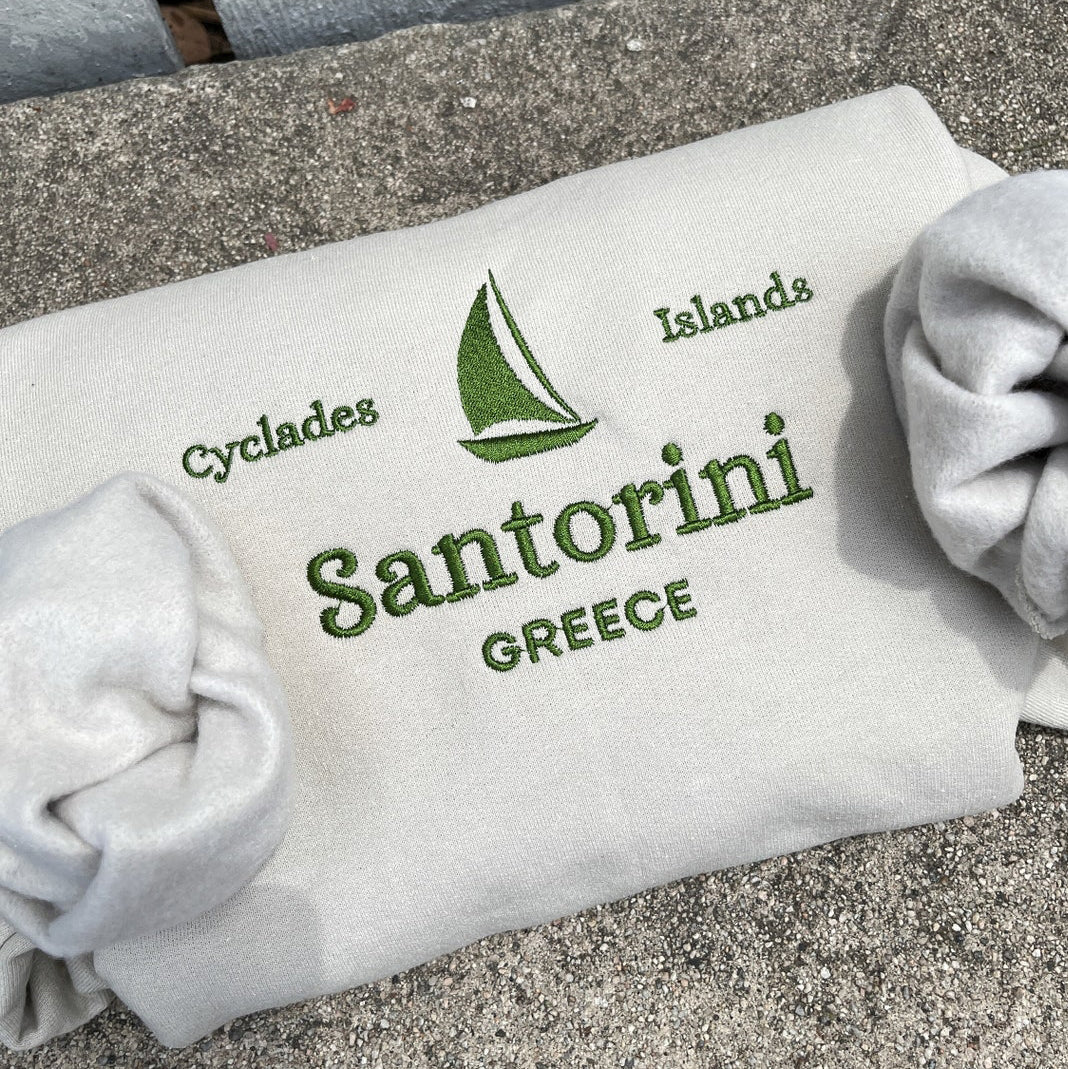 Comstylish Santorini Greece Embroidered Crew Neck Sweatshirt