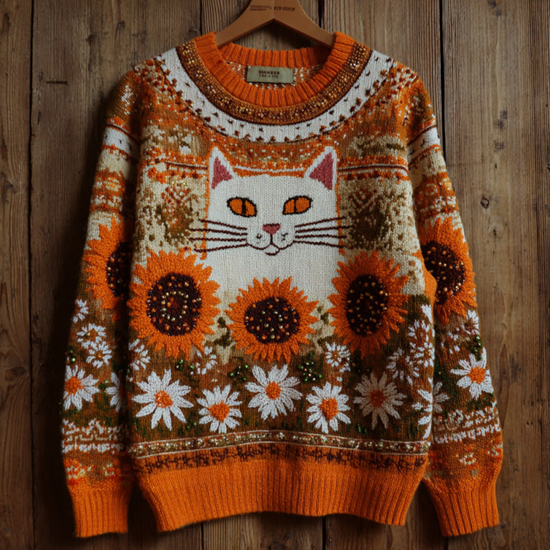 Women's Vintage Halloween Sunflower And Cat Embroidered Sweater artswardrobe