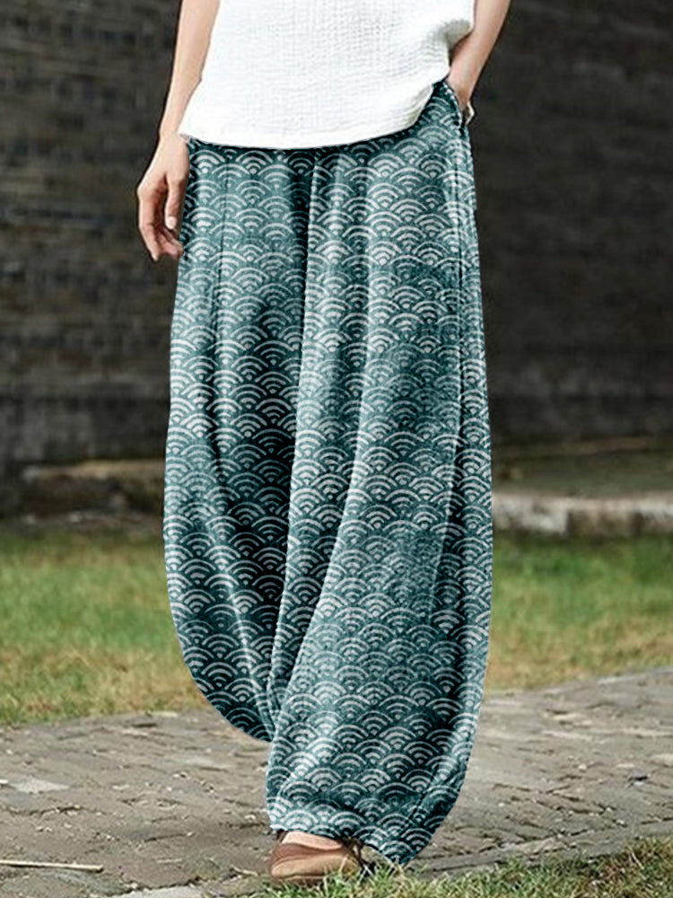 Comstylish Japanese Waves Inspired Pattern Linen Blend Casual Pants