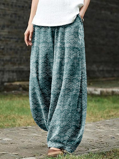 Comstylish Japanese Waves Inspired Pattern Linen Blend Casual Pants