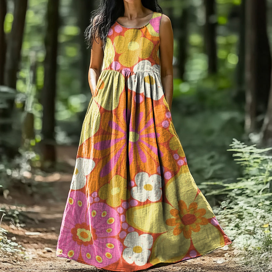 Women's Floral Art Print Crew Neck Sleeveless Cotton Pocket Dress