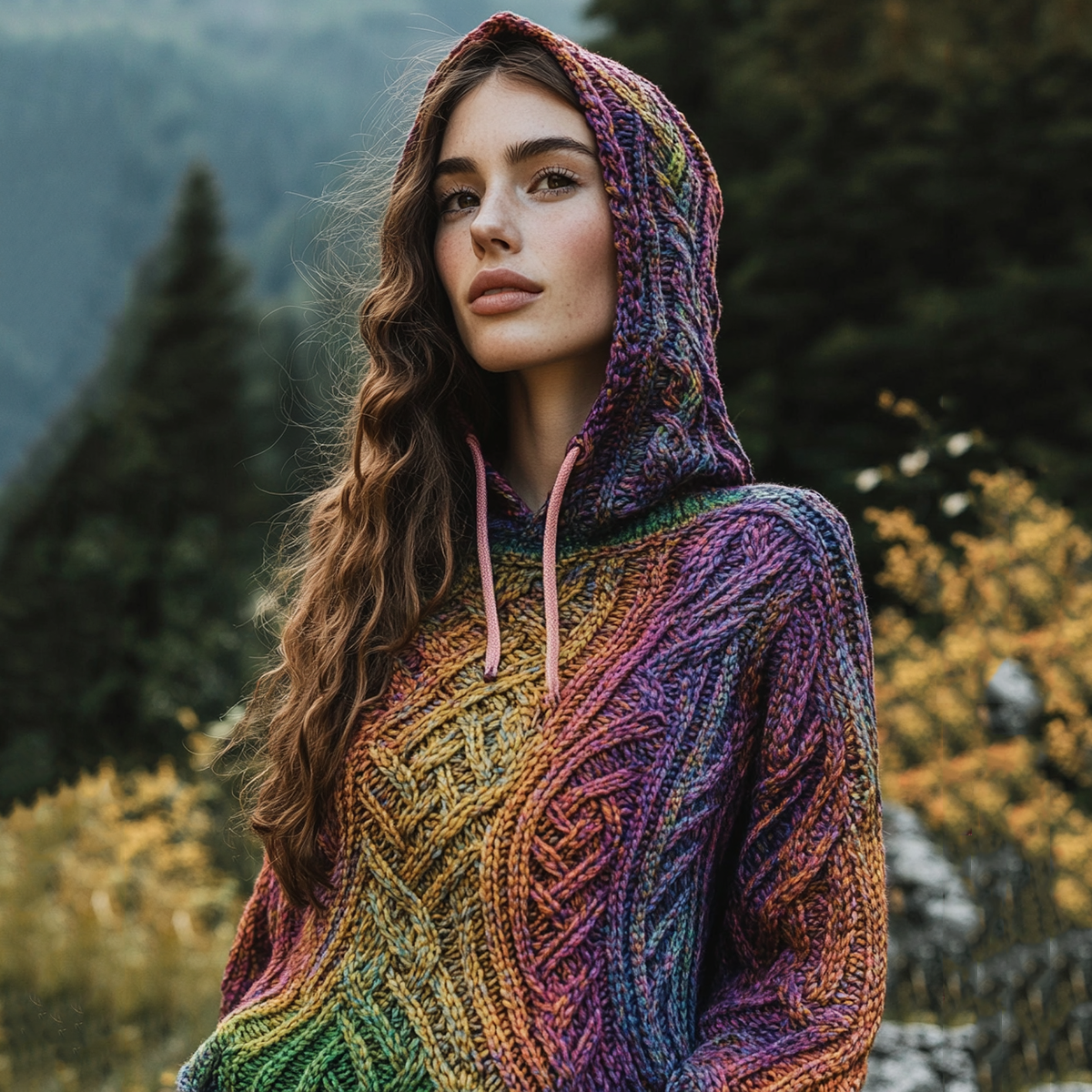 Women's Irish Rainbow Pattern Jacquard Pocket Cozy Hooded Sweater artswardrobe