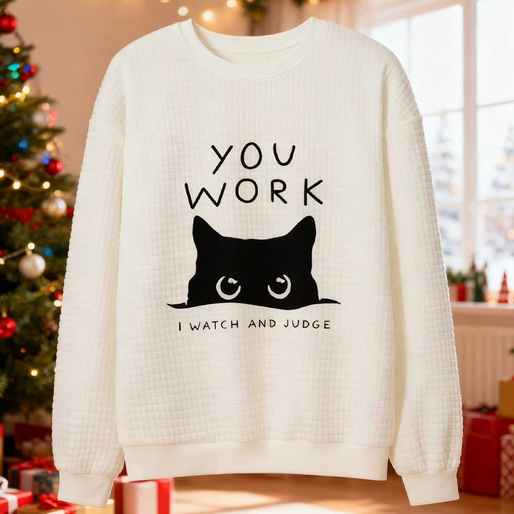 Comstylish Japanese Art Funny Black Cat Print Waffle Sweatshirt