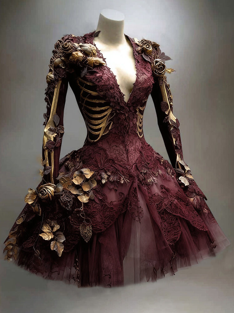 Comstylish Women's Gothic Skull And Branches Pattern Witch Midi Dress