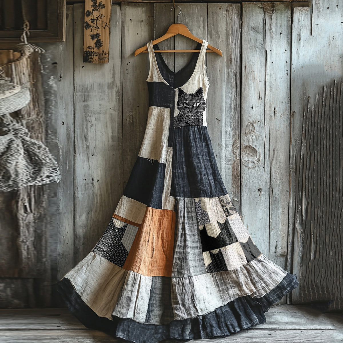 Sashiko Cute Cat Patchwork V-neck Maxi Dress elevenforest