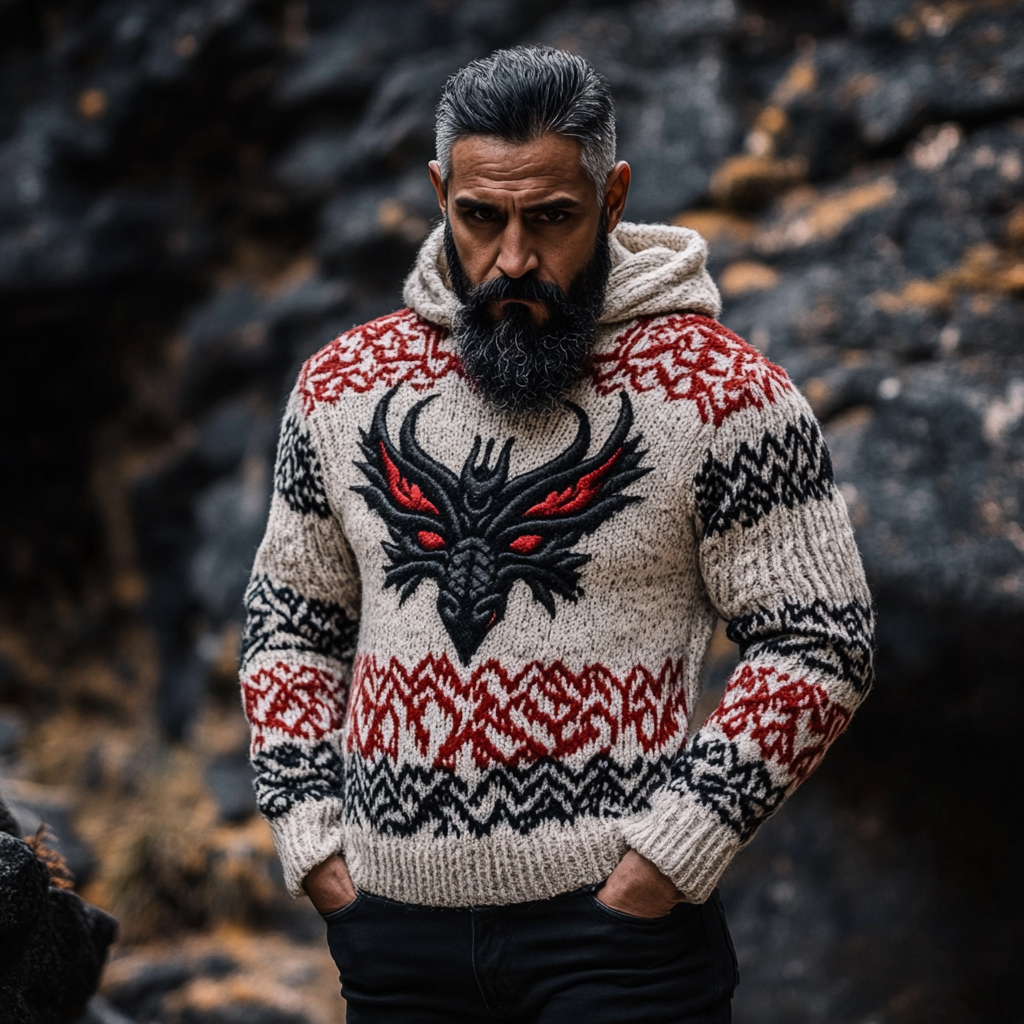 Men's Viking Wolf Jacquard Celtic Style Knit Zipper Sweater artswardrobe