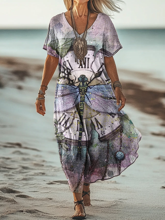 Women's Vintage Dragonfly Art Print Pocket Cotton Dress