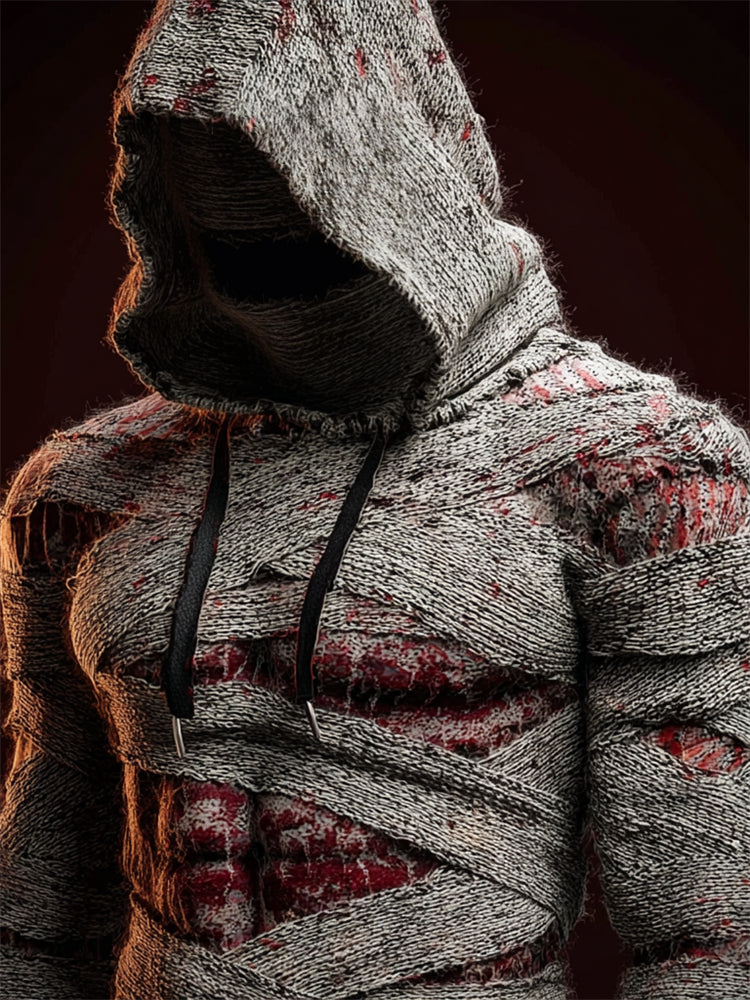 Men's Bloody Mummy Bandages Muscle Anatomy Cozy Knit Hooded Sweater artswardrobe