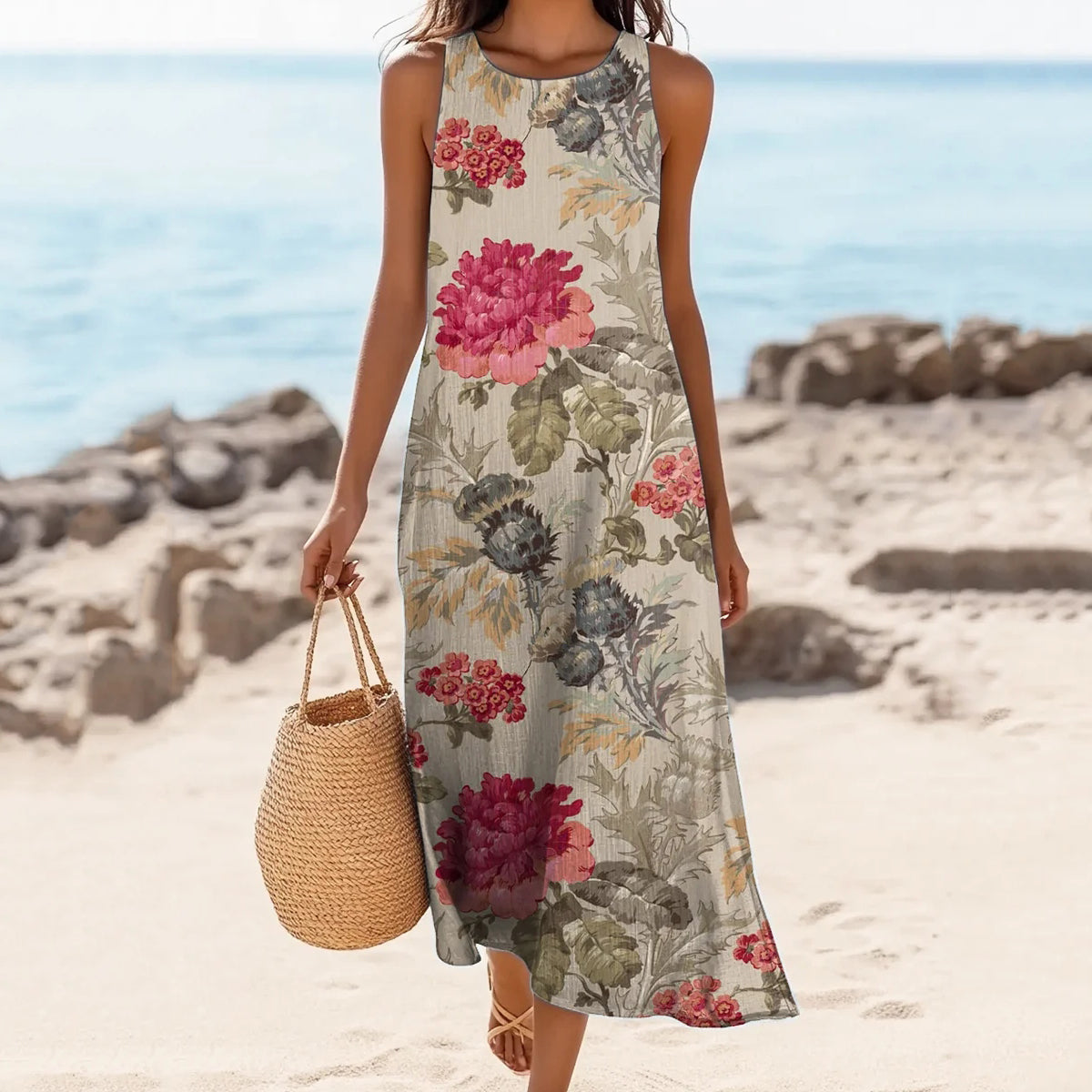 Comstylish Women's Vintage Floral Print Linen Blend Tank Midi Dress