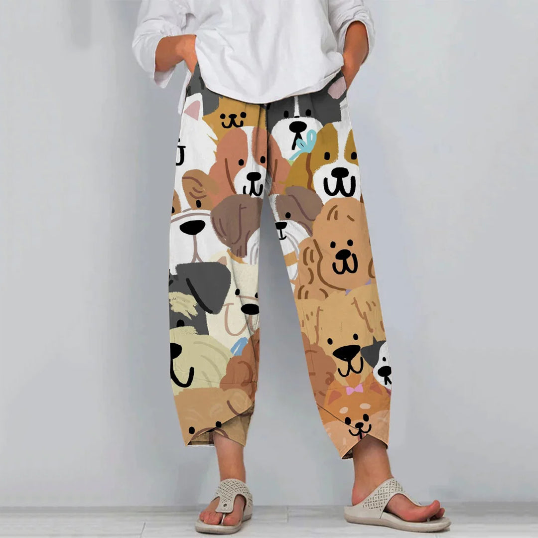 Comstylish Retro Vintage Cartoon Dog Art Pattern Cropped Casual Pants