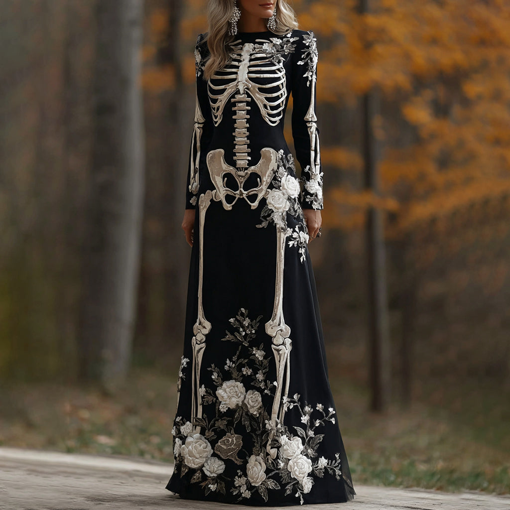 Comstylish Women's Vintage Halloween Skeleton Bones With Rose Art Cozy Long Sleeve Maxi Dress