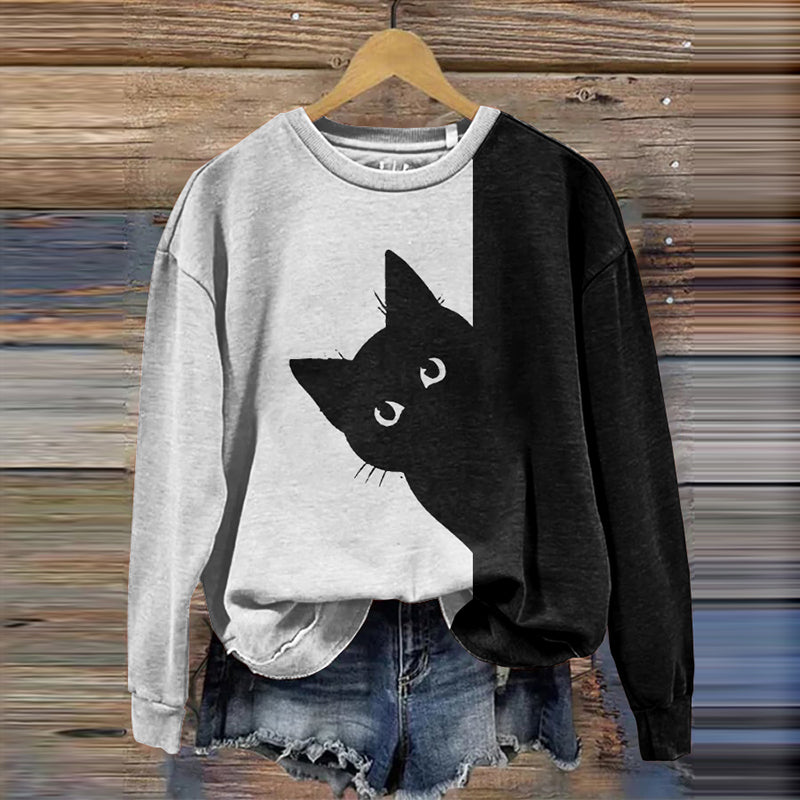 Women's Peek-A-Boo Hiding Black Cat Printed Sweatshirt elevenforest