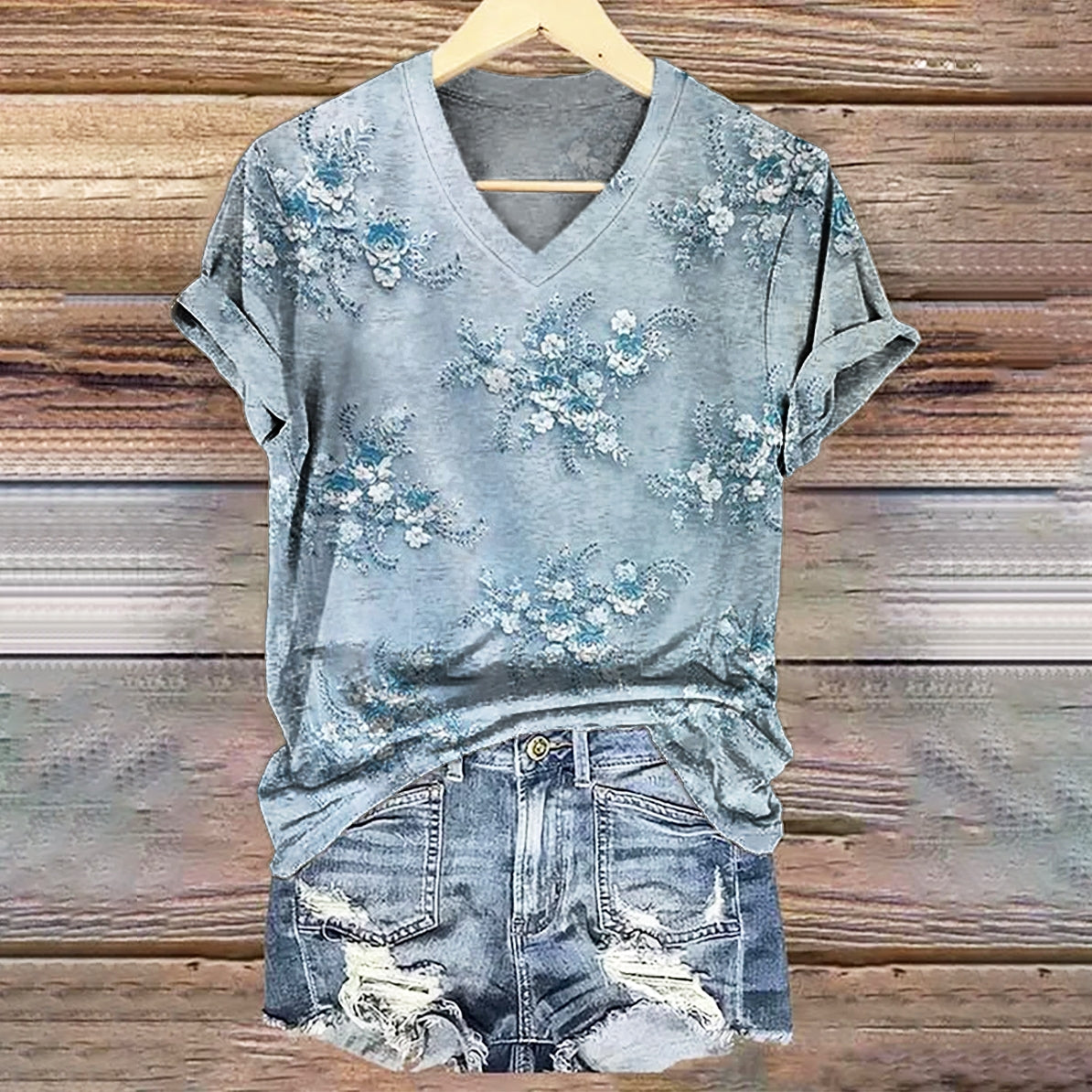 Women's Floral Texture Art Print V-neck Casual T-Shirt