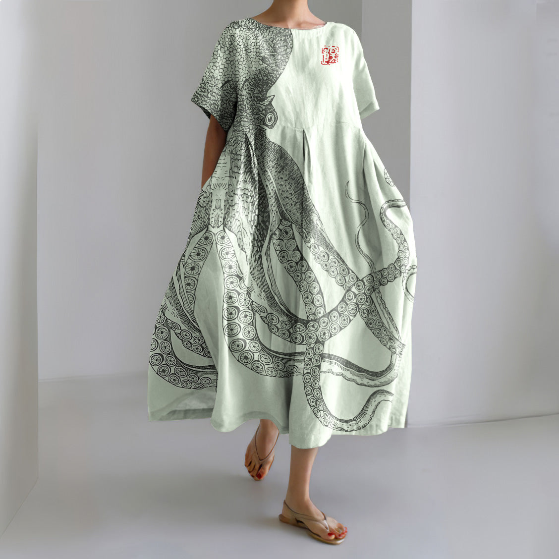 Comstylish Japanese Art Octopus And Crab Print Casual Art Linen Blend Maxi Dress