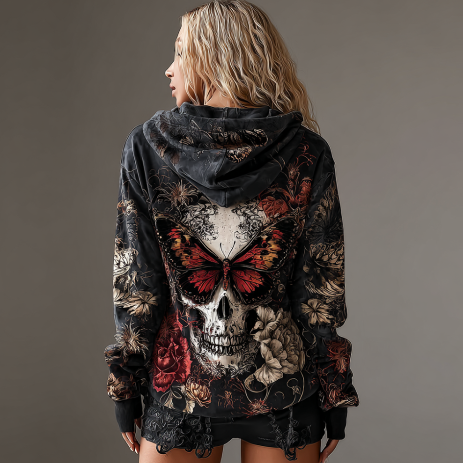 Comstylish Halloween Theme Skull And Butterfly With Plant Flower Pattern Design Women's Hooded Sweatshirt