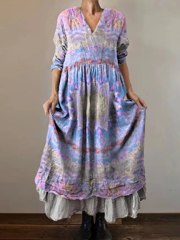 Women's Vintage Ethnic Floral Art Print V-Neck Button Pocket Cotton Dr