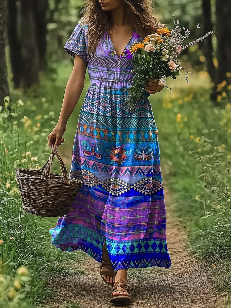 Women's Art Painting Ethnic Style Colorful Printed V-Neck Dress