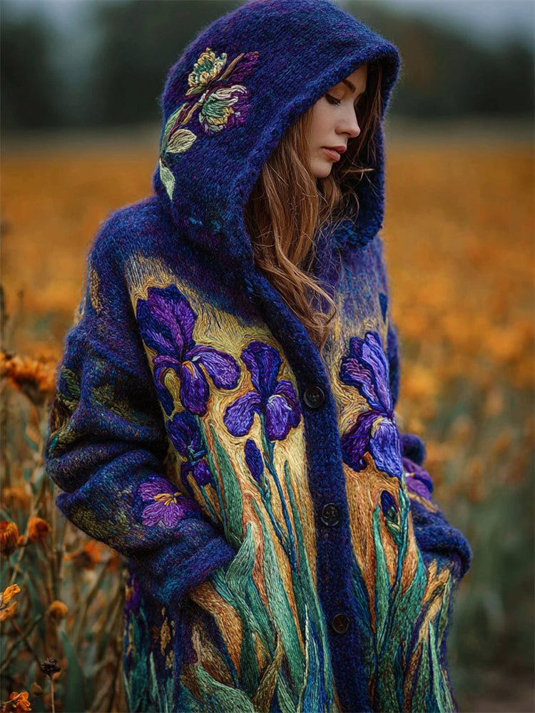 Comstylish Purple Irises Felt Embroidered Cozy Knit Hooded Cardigan