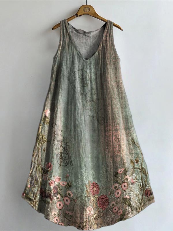 Women's Vintage Ethnic Floral Art Print V-neck Pocket Cotton Dress