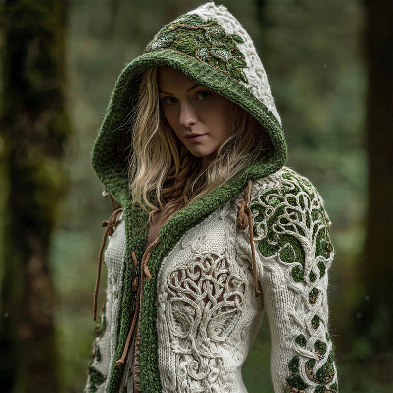 Vintage Viking Tree Of Life Forest Elf Contrast Hooded Cozy Cardigan artswardrobe