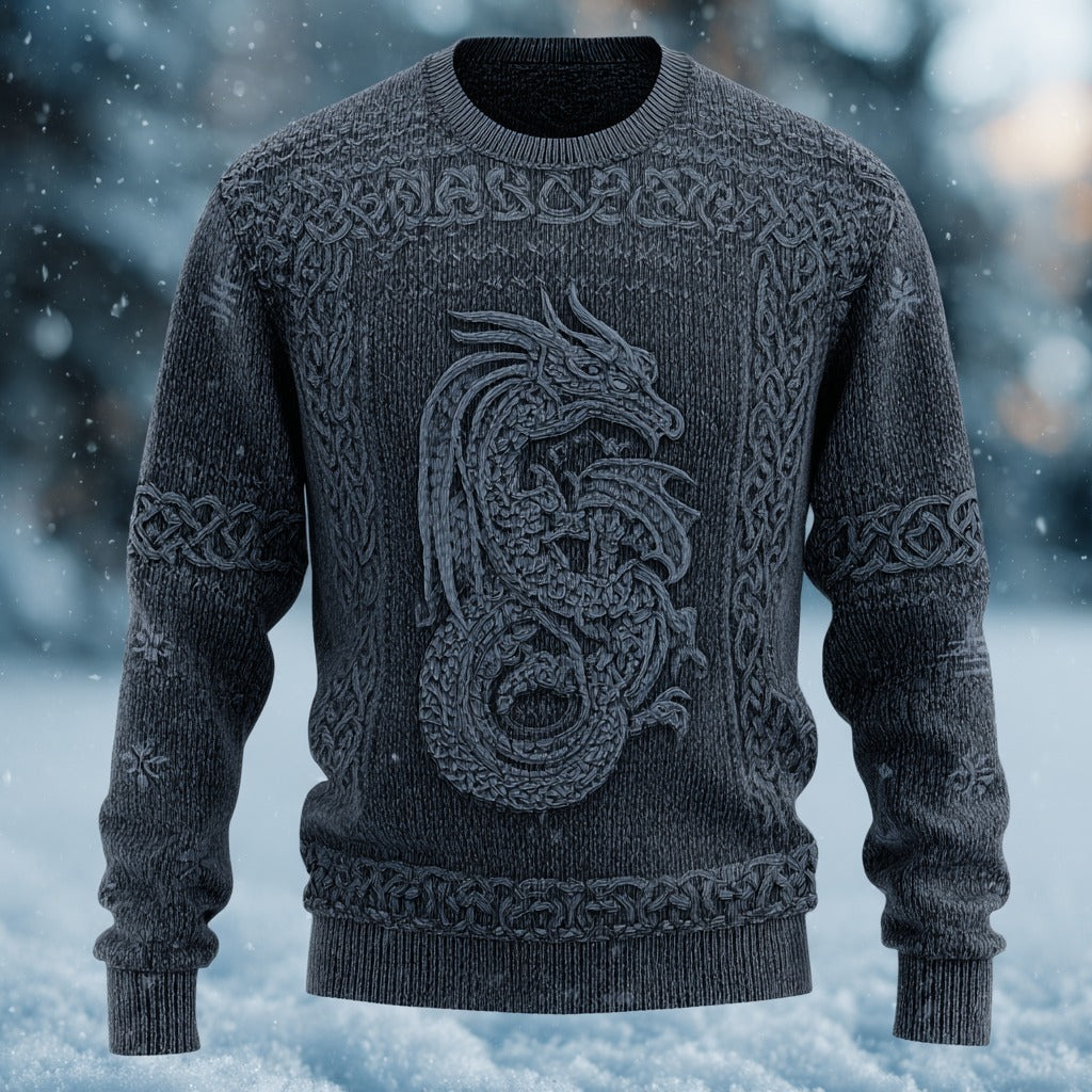 Men's Vintage Viking Dragon Knit Crew Neck Sweater artswardrobe
