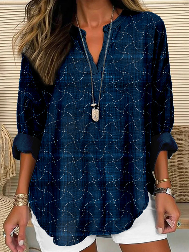 Comstylish Japanese Sashiko Geometric Art Linen Blend Tunic