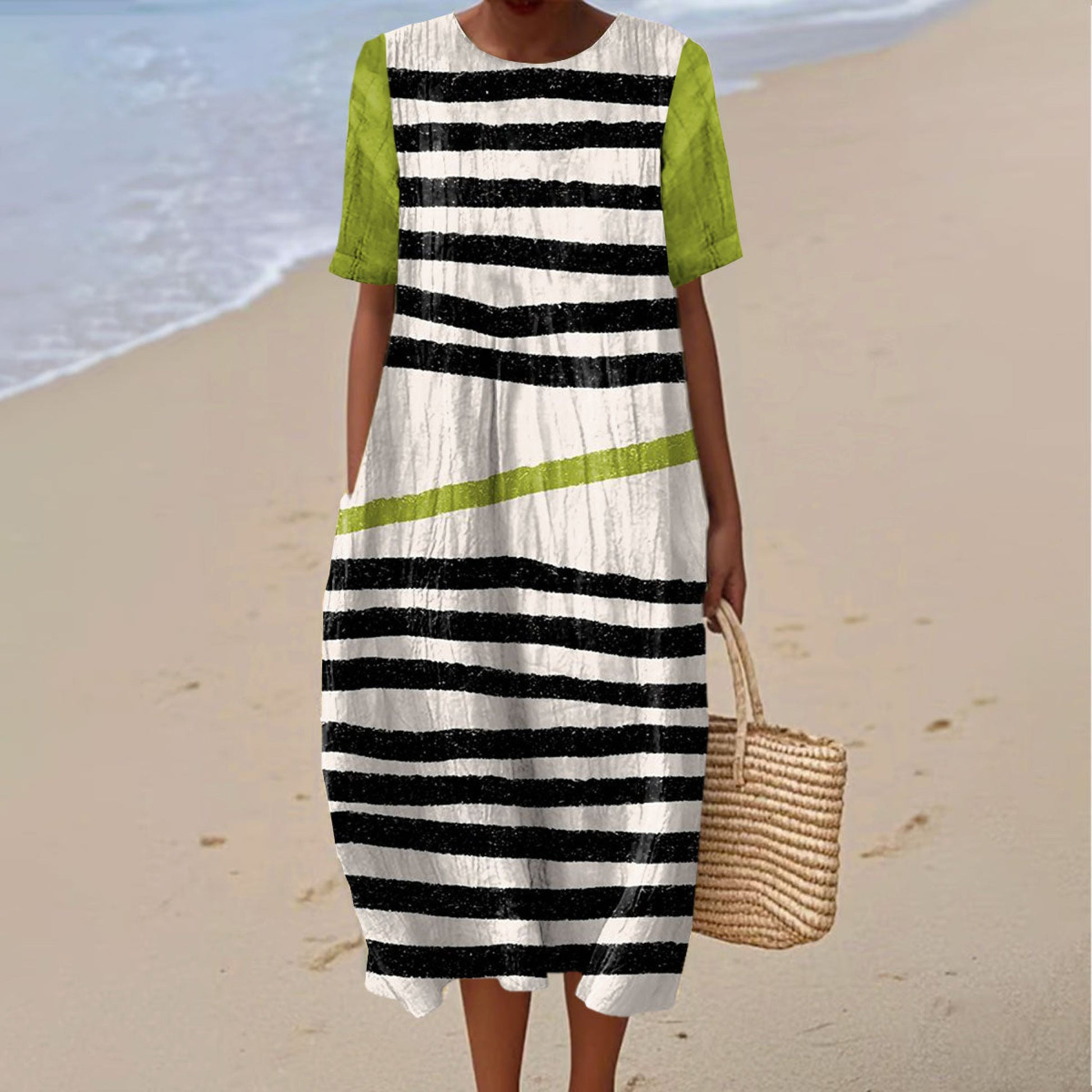 Women's Retro Irregular Stripe Art Print Casual Dress artswardrobe