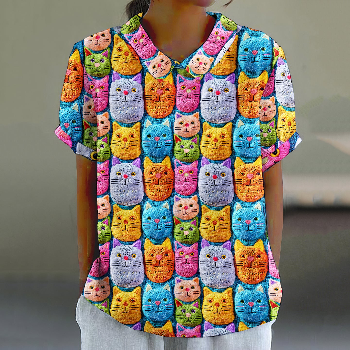 Comstylish Women's Pop Art Embroidered Cute Cat Print Shirt
