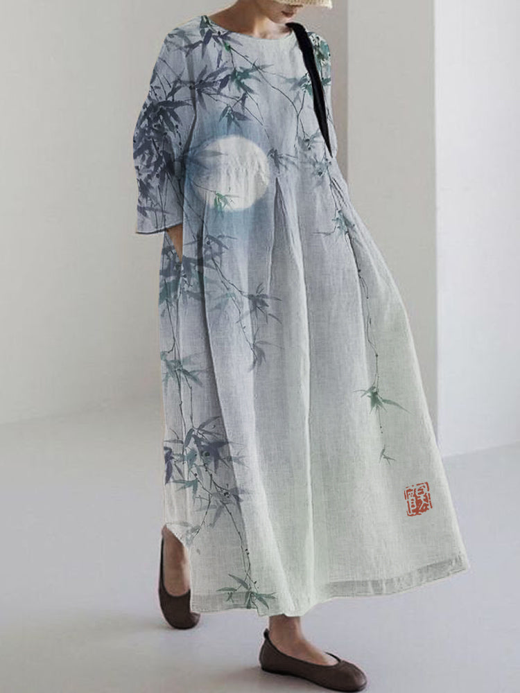 Comstylish Bamboo Leaves Full Moon Japanese Watercolor Linen Blend Maxi Dress