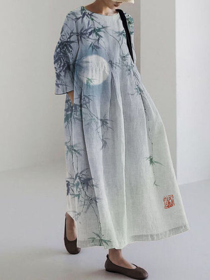 Comstylish Bamboo Leaves Full Moon Japanese Watercolor Linen Blend Maxi Dress