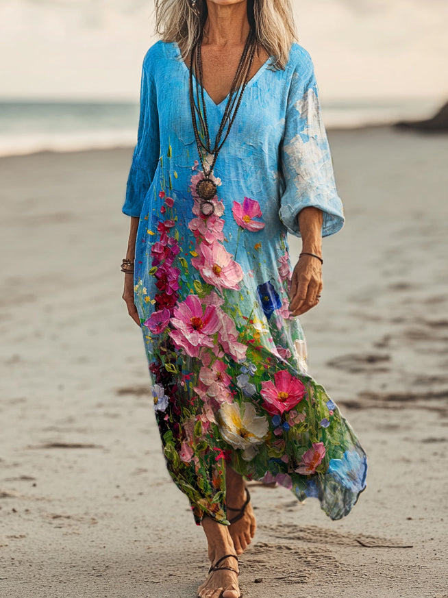 Women's Oil Painting Flower Art Print Pocket Cotton Dress