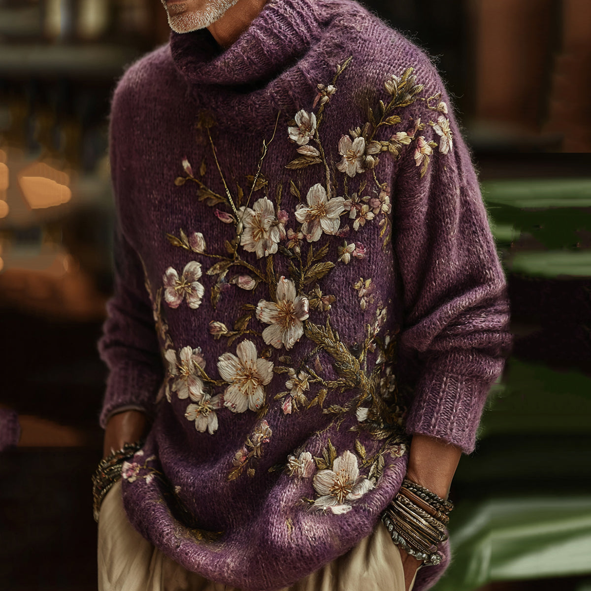 Men's Vintage Pink Almond Blossom Art Jacquard Thick Warm Turtleneck Sweater artswardrobe