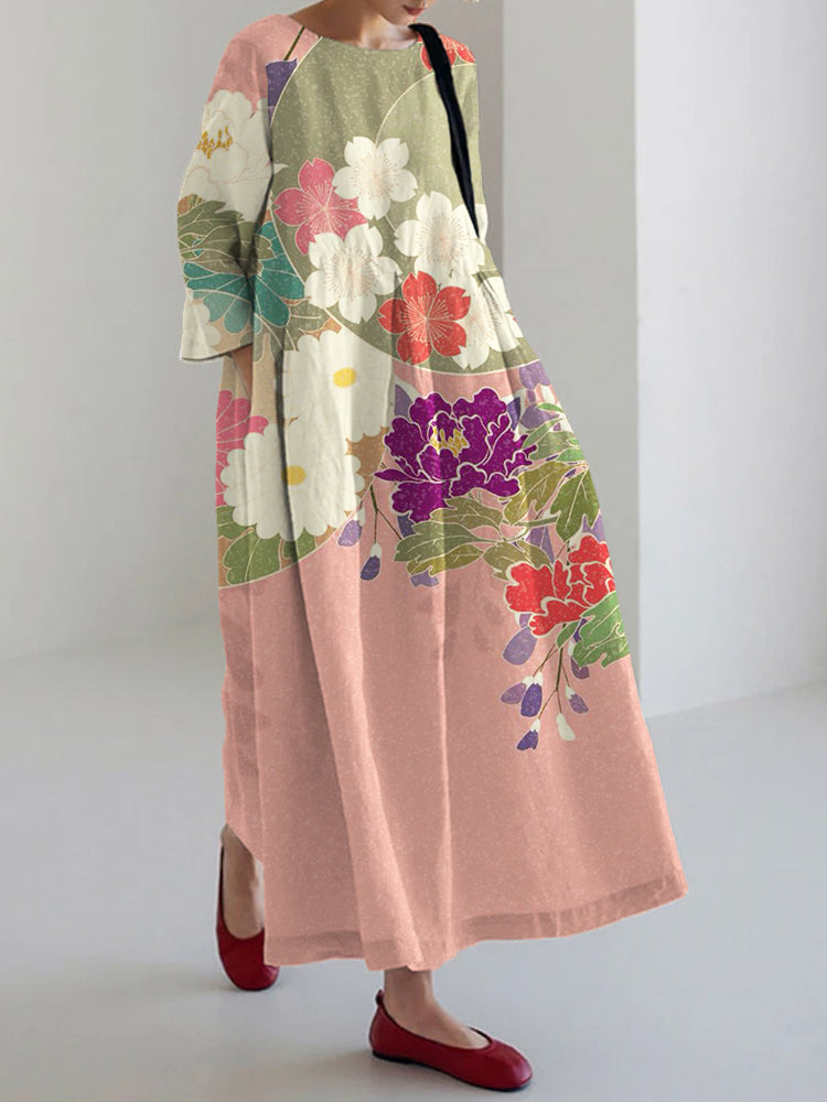 Comstylish Japanese Floral Pattern Linen Blend Cozy Maxi Dress