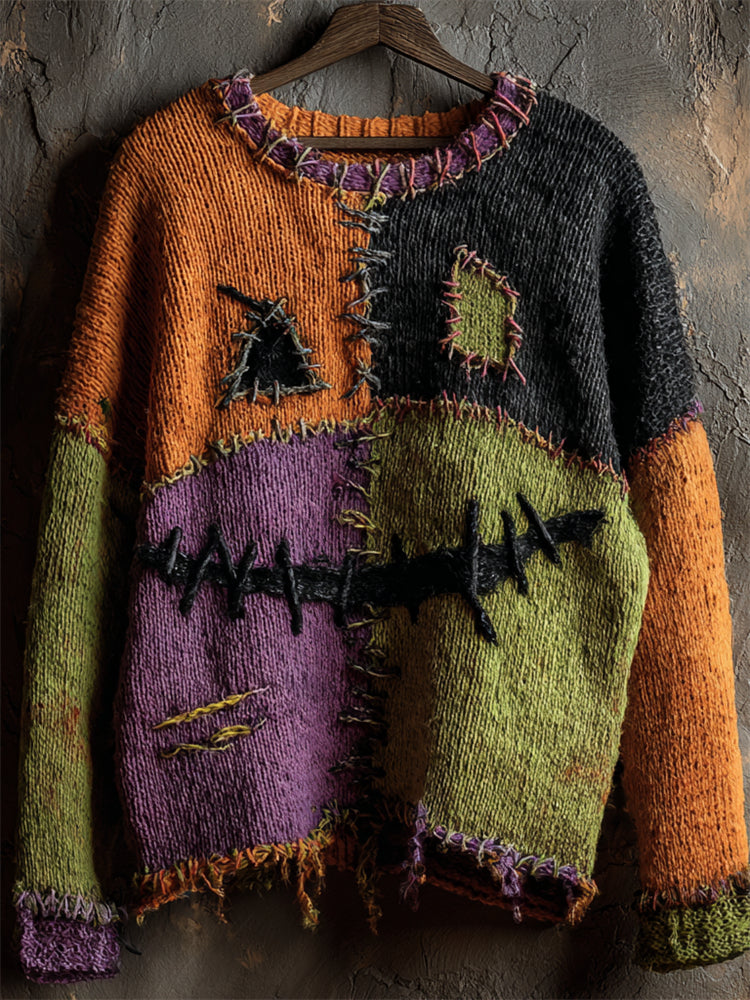 Halloween Spooky Face Colorblock Stitched Cozy Knit Sweater artswardrobe
