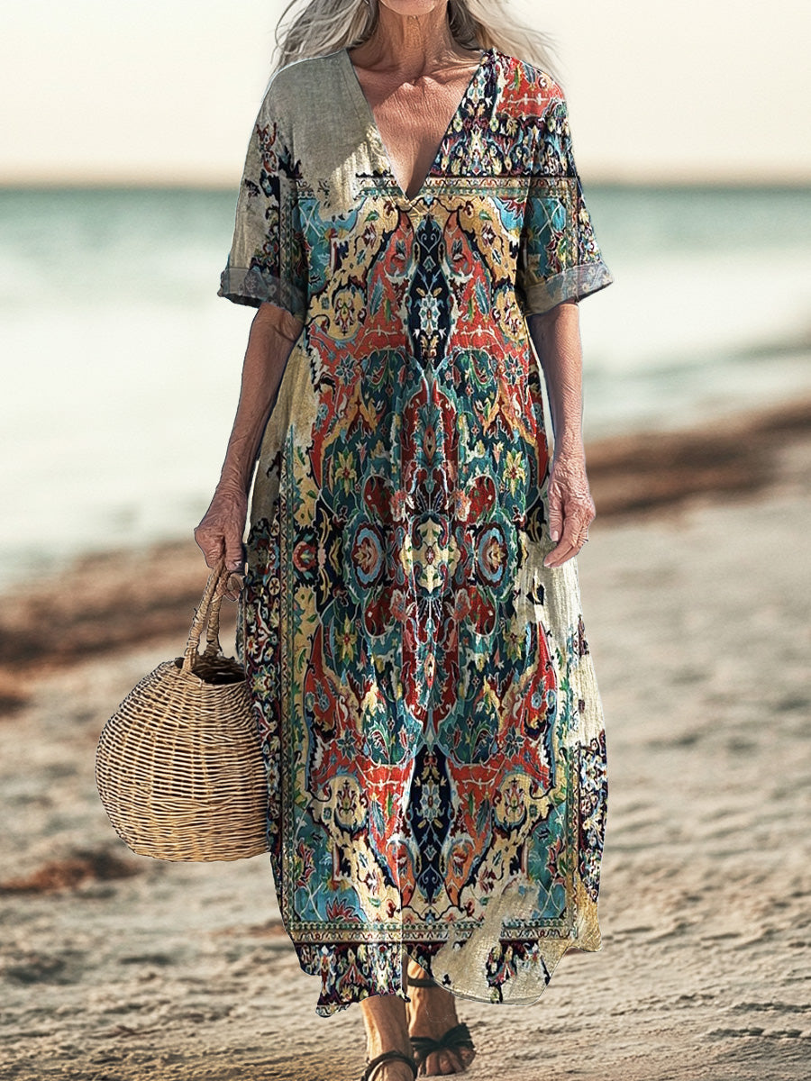 Women's National Style Art Print Pocket V-neck Cotton Dress