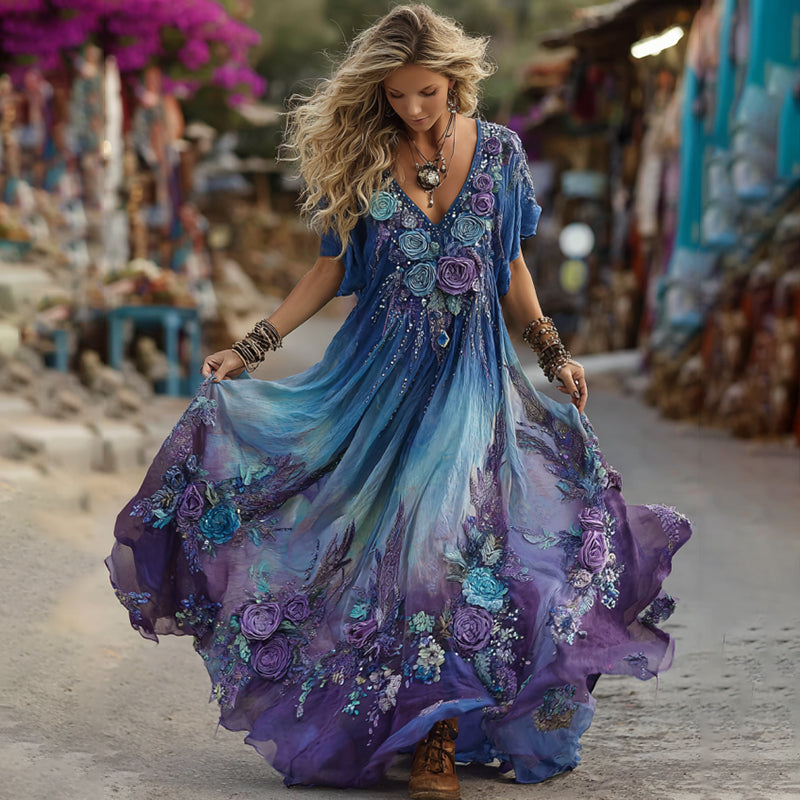 Vintage Purple And Blue Lavender Patchwork And Floral Embroidered Art Linen Maxi Dress artswardrobe