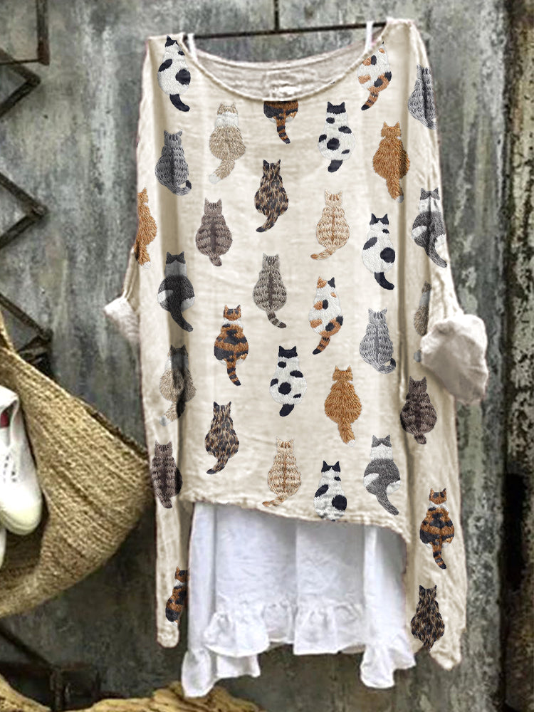 Comstylish Cute Cats Embroidery Pattern Linen Blend Casual Shirt