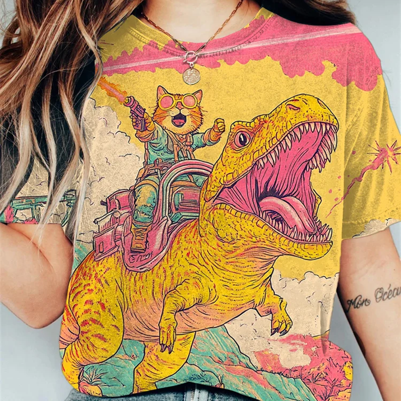 Comstylish Abstract Creative Cat And Dinosaur Fantasy Art Print Cotton Graphic T-shirt