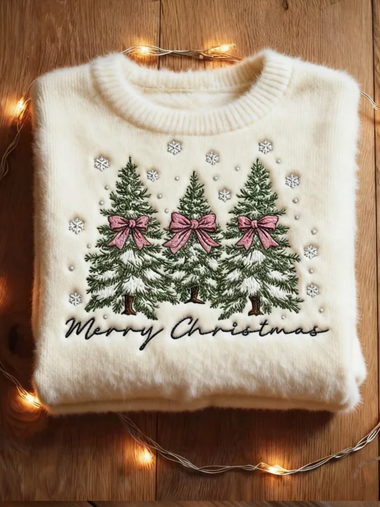 Merry Christmas Bow Christmas Tree Embroidered Round Neck Sweater artswardrobe