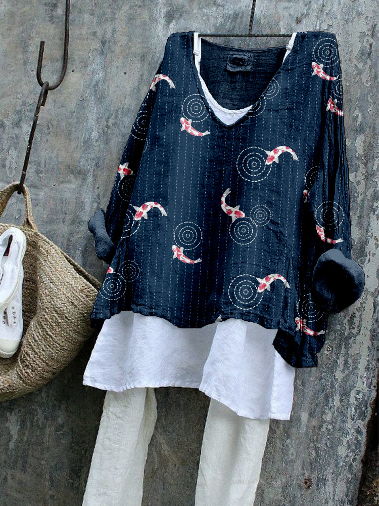 Comstylish Koi Japanese Sashiko Art Linen Blend Tunic