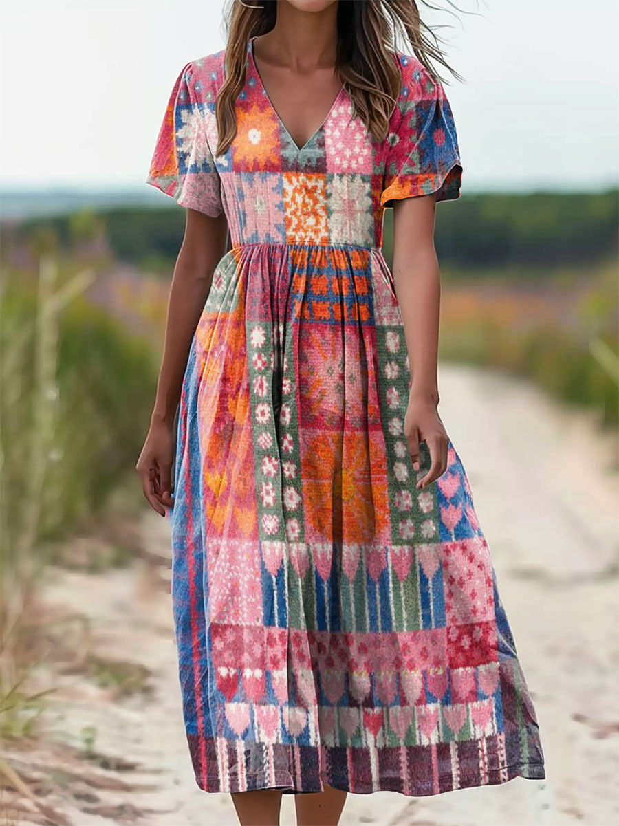 Women's Floral Patchwork Art Pattern Print V-Neck Short Sleeve Pocket