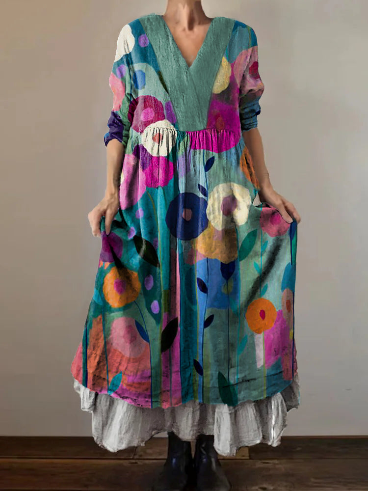 Women's Watercolor Flower Art Print V-Neck Pocket Cotton Dress