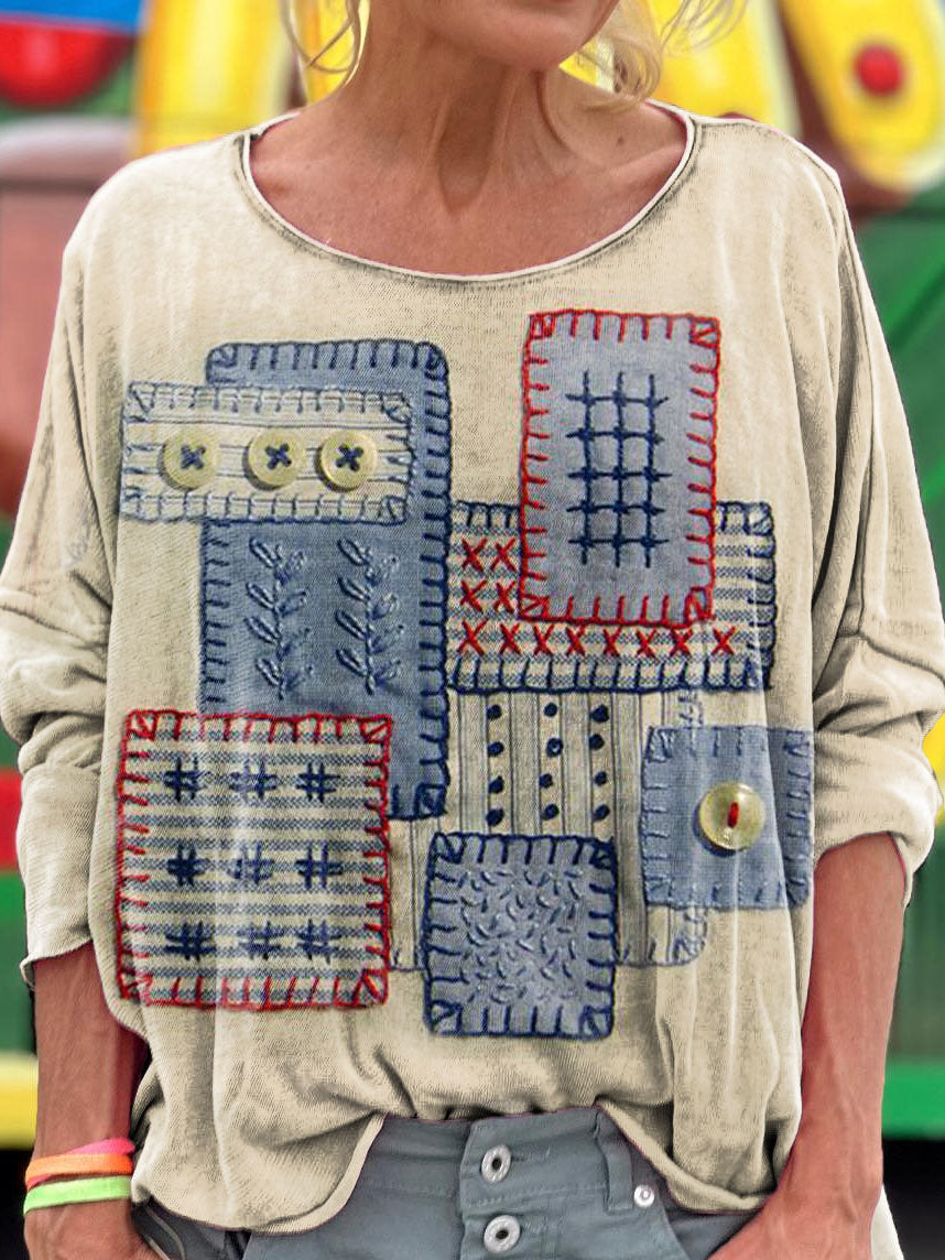Women's Vintage Ethnic Patchwork Art Print Casual Long Sleeve Top
