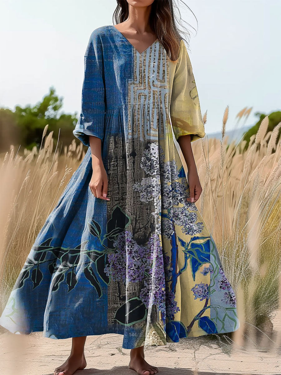 Women's Floral Art Print Flowy V-Neck Cotton Dress