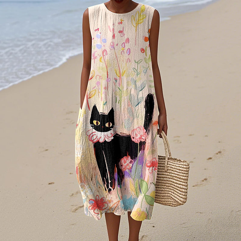 Comstylish Women's Vintage Floral Cat Art Cotton And Linen Dress
