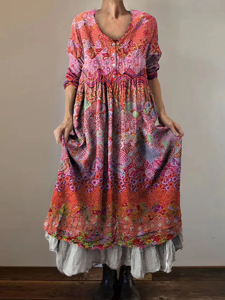 Women's Art Floral Hippie Vintage Print V Neck Dress