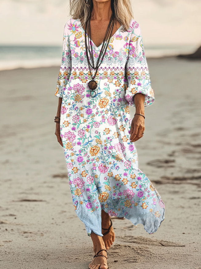 Women's Floral Art Print Pocket Cotton Dresses