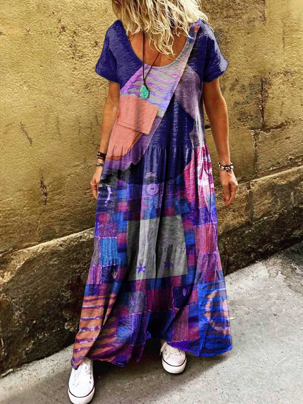 Women's Patchwork Pattern Art Print Pocket Short Sleeve Cotton Dresses