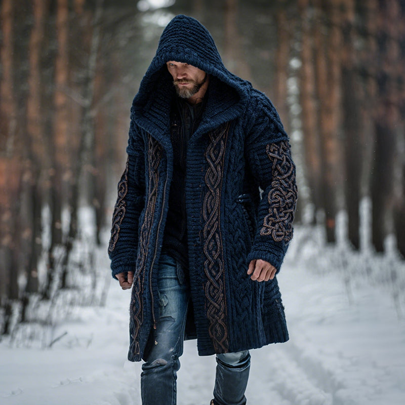Men's Vintage Viking Celtic Knot Art Chunky Knit Mid-length Hooded Cardigan Sweater artswardrobe
